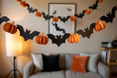 Black and orange Halloween garland with bats and pumpkins hanging in cozy living room. Generative