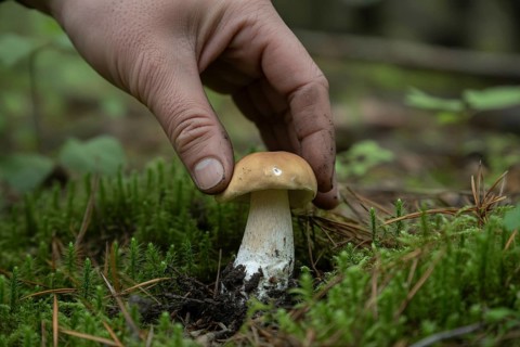Close up of hand picking up small brown edible mushroom in forest. Generative ai, AI generated