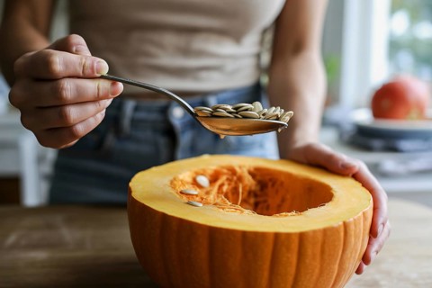 Woman scooping pumpkin seeds from a fresh pumpkin in the kitchen. Preparing pumpkin seeds for