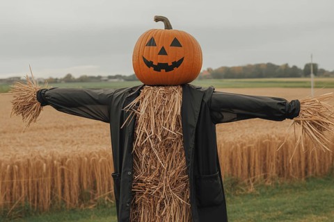 Scarecrow with pumpkin head with painted Halloween face and black jacket. Generative ai, AI