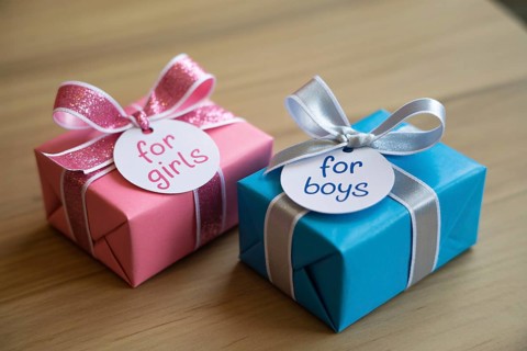 Two small gender color-coded gift boxes labeled for boys and girls. Concept for gender stereotypes