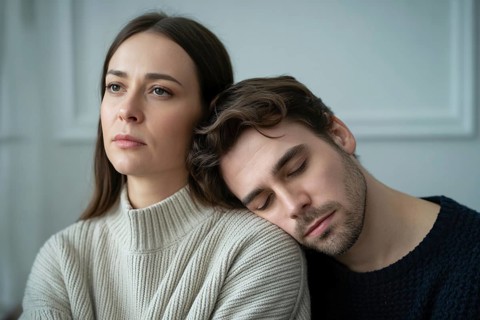 Man resting head on woman's shoulder while she stares ahead. Concept of mankeeping and the