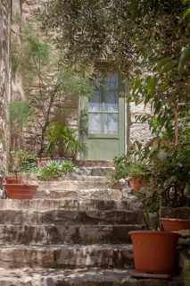 A rustic stone staircase with clay pots and green plants leads to a green door in a Mediterranean