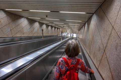 Escalators in the Munich underground, Munich, Bavaria, Germany