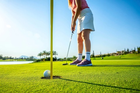 Female golfer putting a ball into the hole on a sunny day, enjoying leisure time on a stunning golf