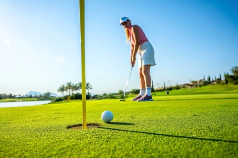 Woman golfer putting a ball on the green, aiming for the hole under a bright sun at a picturesque