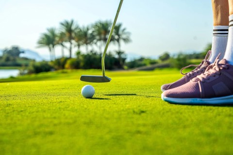 Golfer is putting a golf ball on a green towards the hole on a sunny day with a lake and palm trees