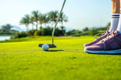 Golfer putting ball on a green using a putter, in a sunny golf course with palm trees and a lake in