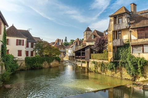 Traditional houses lining the serene river in salies de bearn, france, create a charming reflection