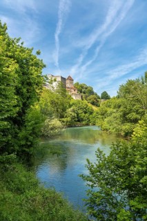 Lush vegetation surrounds the gave d'oloron river with sauveterre de bearn reflecting on the water