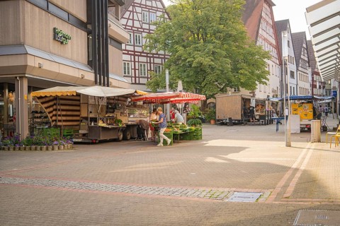 Town square with market stalls and traditional half-timbered houses, lively in daylight, Nagold,