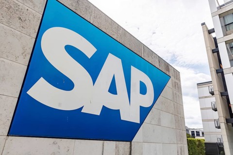 Logo and building of the software company SAP SE. Walldorf, Baden-Württemberg, Germany