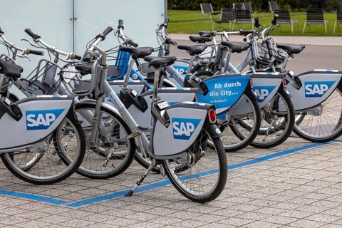 Bike hire on the SAP Walldorf campus. Employees use SAP Bikesharing on the SAP Walldorf campus free