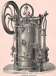 Transportable steam engine, upright tubular boiler, piston rod turns the belt wheel, horizontal use