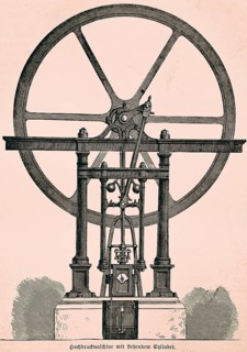 High-pressure engine with vertical cylinder, improved efficiency, use in steamships, wheel, slide