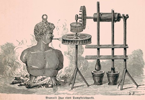 Giovanni Branca's idea of a steam engine, Italian engineer, design of a turbine, fire, generating