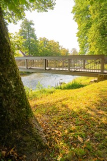 Metal bridge over a river in a sunny park with green trees, Nagold, district of Calw, Black Forest,