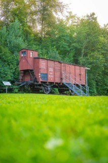 Historic goods wagon in a green setting with summer trees, Nagold, district of Calw, Black Forest,