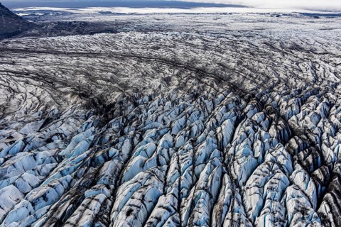 Glacier, crevasses, ice, aerial view, black ice, climate change, summer, Skeidararjökull,