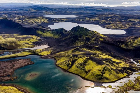 Lakes, river, mountains, mountain landscape, aerial view, sunny, summer, backlight, Langisjör,