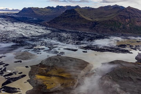 Icebergs, ice floes, glacier tongue, glacier edge, glacier, lake, glacier lagoon, aerial view,