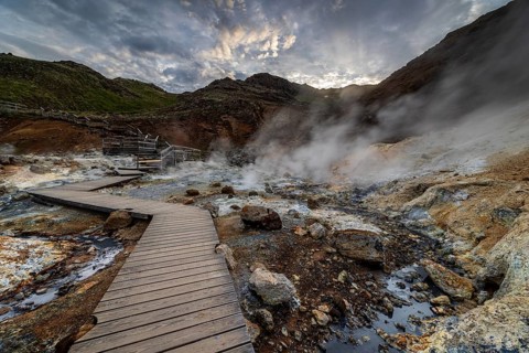 Hot springs, geothermal field, cloudy, evening mood, backlight, summer, Krysuvik, Reykjanes