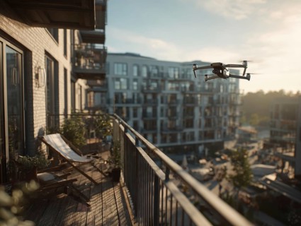 Ein Fernpilot steuert sein Quadrocopter, Drohne in einem dicht besiedeltem Wohngebiet und nähert