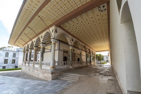 Wide angle view of the stunning architecture and intricate details of topkapi palace in istanbul,
