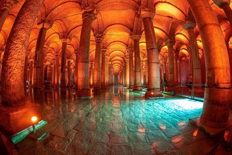 The basilica cistern, an ancient underground water reservoir in istanbul, turkey, is illuminated