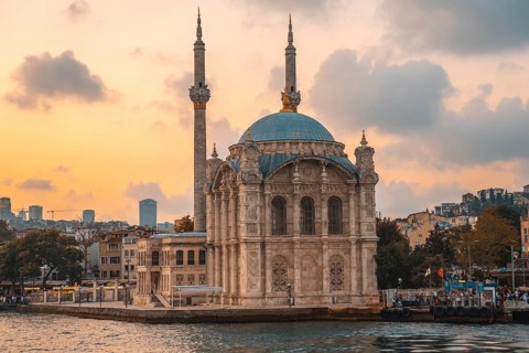 Ortakoy mosque, located on the shores of bosphorus strait, creates a picturesque scene during