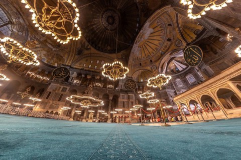 Wide angle view of the interior of hagia sophia in istanbul, turkey, showcasing its magnificent