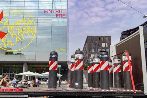 Anti-terror barriers on a lorry. They are set up in Stuttgart city centre to protect visitors to