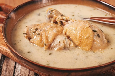 Chikhirtma chicken soup, Georgian dish, with lavash, top view, no people