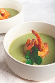Pea cream soup, with shrimp, green soup, homemade, top view, no people