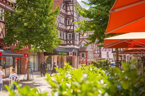 Lively pedestrian zone with half-timbered houses and green trees, small town pearl Calw, Black