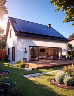 Residential house with solar panels on the roof, beautiful sunrise, AI generated