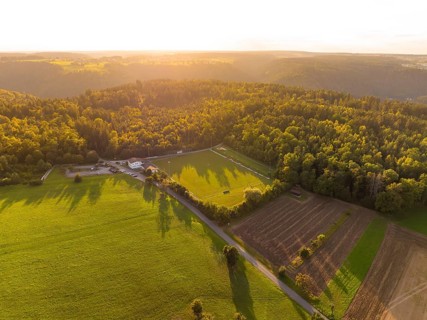 Fields and forest in the light of the sunset with long shadows, VFL Stammheim, Calw, Black Forest,