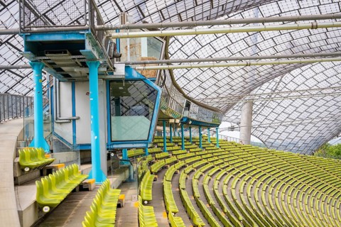 Modern technical area in the stadium with a view of the rows of seats, Olympiapark, Munich, Germany