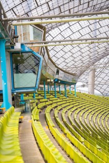 Technical area in the stadium with a view of the stands and modern elements, Olympic Park, Munich,