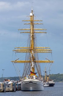 Sailing training ship Gorch Fock moored in the harbour, Kiel, Schleswig-Holstein, Germany