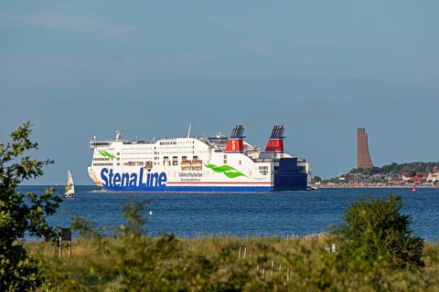 Sailing boat, Stena Line ferry Stena Scandinavica, naval memorial, Laboe, Kiel Fjord,