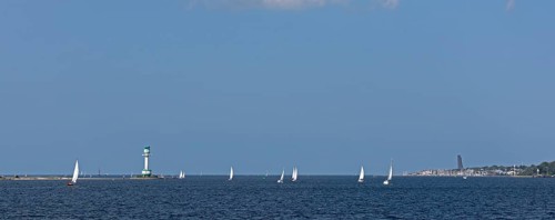 Panoramic picture, lighthouse Friedrichsort, sailing boats, naval memorial, Laboe, Kiel Fjord,