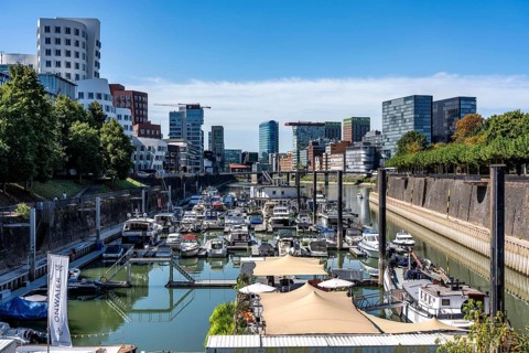 Marina in Düsseldorf's Media Harbour, old and modern architecture in the former harbour, a mixture