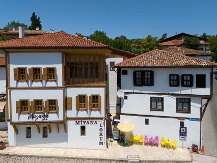 Two historic buildings with wooden windows and red roofs in sunny weather in a quiet street scene,
