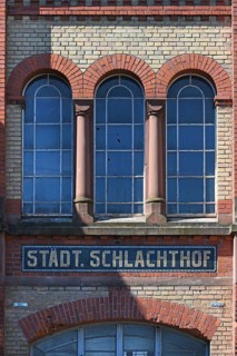 Detail of the main entrance to the former municipal abattoir, built between 1905 and 1906,