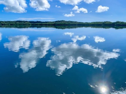 White clouds cumulus reflected in water surface of tropical lagoon of Yap Island in Pacific Ocean,