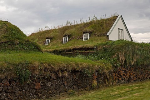 Grass sod house settlement Grenjadarstadur with church, Thingeyjarsveit municipality, North