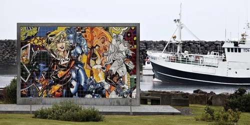 Tile mural by Erró, actually Gumundur Gumundsson in Ólafsvík, where he was born, in front of the
