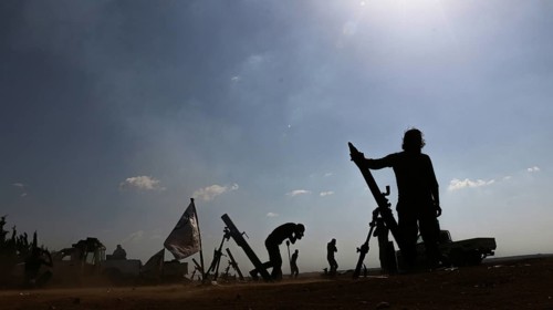 Syrian opposition forces firing mortar shells at ISIS gathering points in northern Syria. Aleppo,