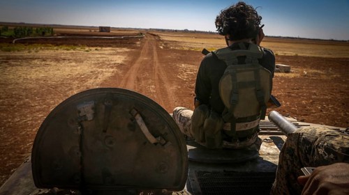 Vehicles and heavy weapons used by Syrian opposition fighters in combat against ISIS. Aleppo, Syria
